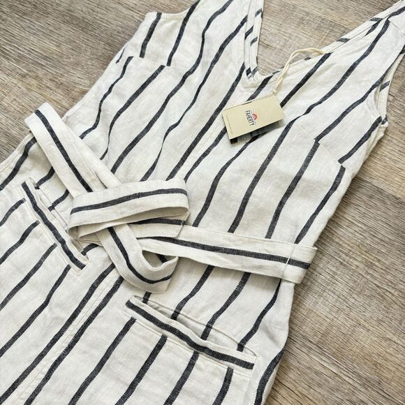 Faherty Catalina Linen Stripe Sleeveless Waist Tie Wide Leg Jumpsuit Romper Xxs - Picture 2 of 11